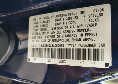 2006 Acura Tl из США, поврежденный, VIN 19UUA66246A064685